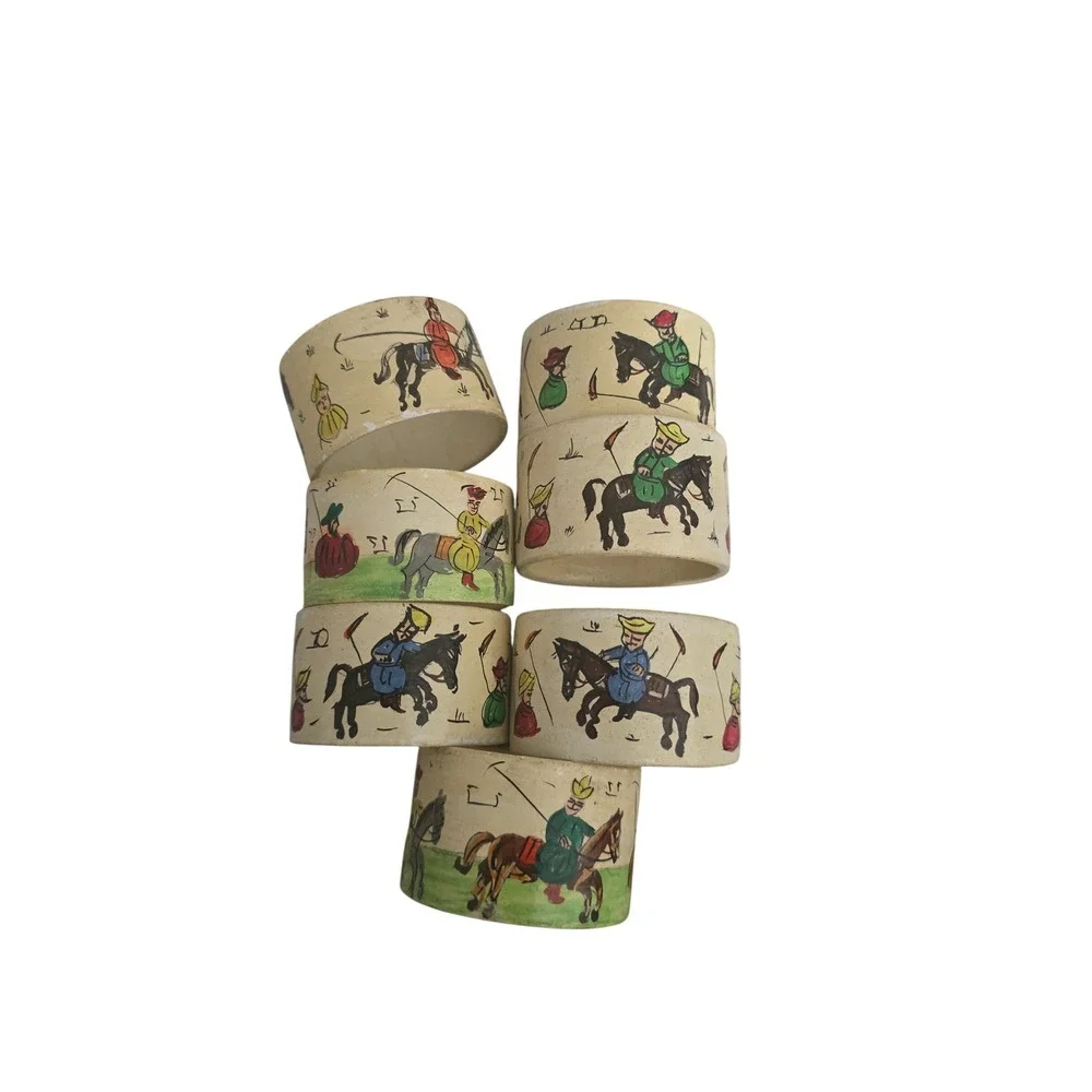 Vintage Hand Painted Polo Player Napkin Rings Set of 7 Equestrian Folk Art Cream